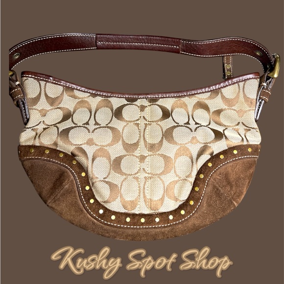 Vintage Coach Signature Logo with Suede & Brass Rivets SM bag #DO4J-7057 ✨👜💼🤎 - Picture 3 of 12